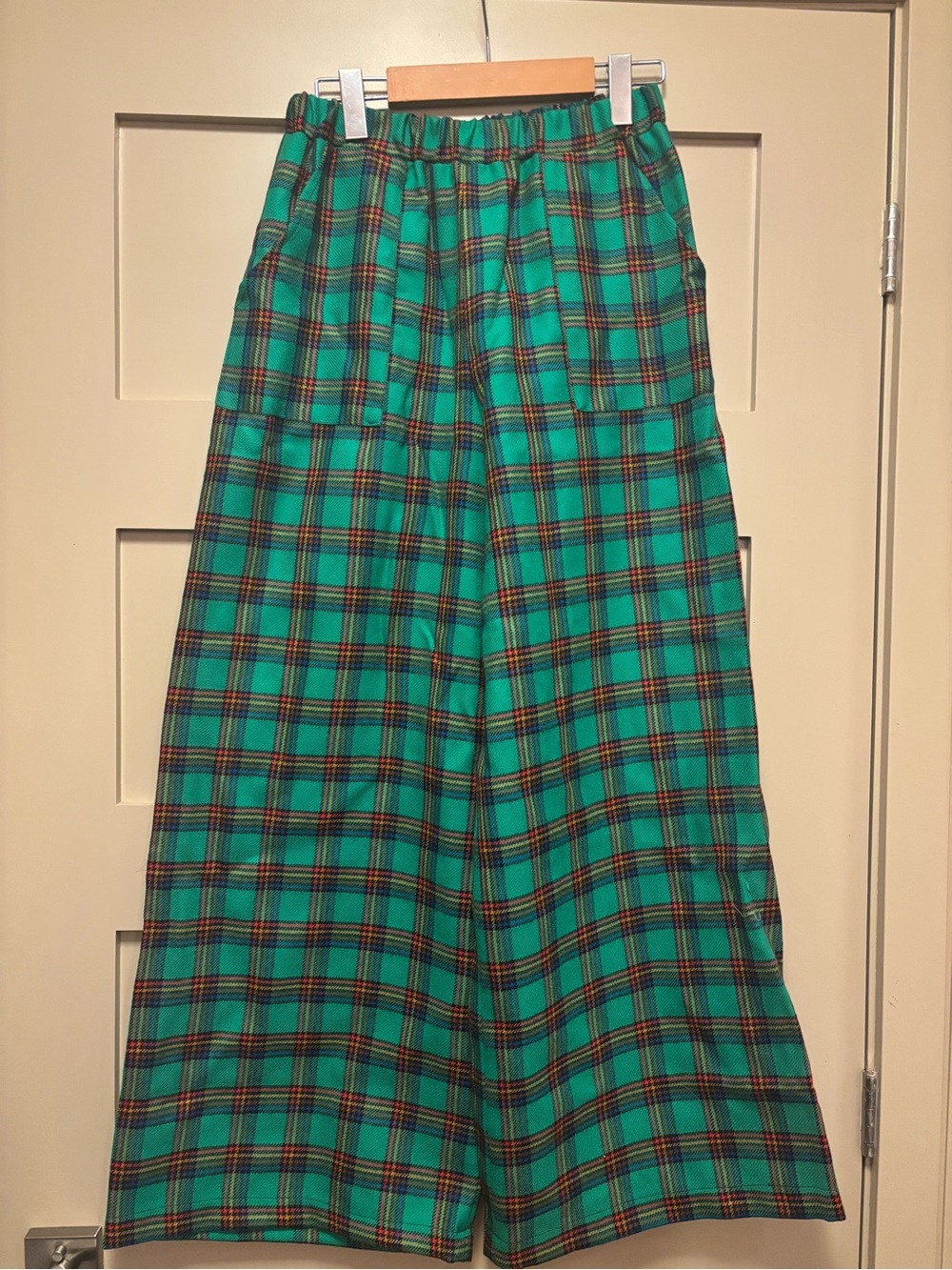 NINA LEUCA Wool Plaid Wide Leg High Waist Flare Relaxed Trouser Elastic Pull On